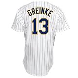 MLB Men's Milwaukee Brewers Zack Greinke White/Ryl Pinstrp Short Sleeve 6 Button Synthetic Replica Baseball Jersey Spring 2011  (White/Ryl Pinstrp, Medium)
