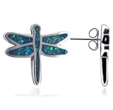 Blue Opal Dragonfly Back Post 1.5 x 0.60 Stud Silver Earrings