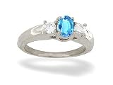 14K White Gold Genuine Oval Blue Topaz and Diamond 3-Stone Ring