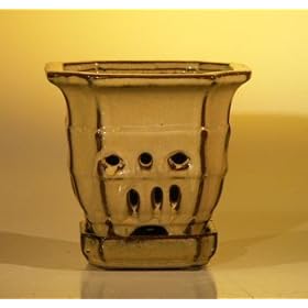 Bonsai Boy's Ceramic Orchid Pot with Attached Tray 5 0x5 125 Tall Mustard Color - Multi-sided Sized to fit 4 0 Plastic Growing Pot: Patio, Lawn &amp; Garden