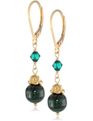 Malachite Bead and Emerald Swarovski Element Bicone Bead with Gold over Silver Leverback Drop Earrings