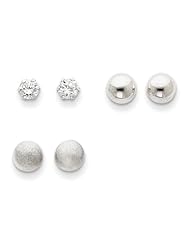 Sterling Silver Polished & Brushed Bead & Cz Set Earrings, Best Quality Free Gift Box Satisfaction Guaranteed