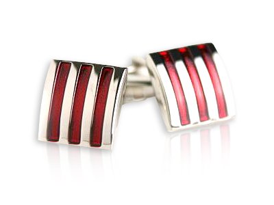 Distinctive 3-Stripe Red Silver Square Cufflinks with Presentation Box