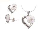 Sterling Silver Flower Cut Faux Pearl and Marcasite Earring and Necklace Set