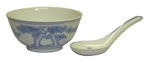 Longevity rice bowl and spoon set - porcelain, blue and white (4 sets)