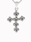 Sterling Silver Fancy Color CZ Marcasite Cross with Box Chain