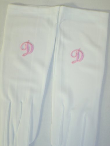 G207, White Nylon Long Wedding Gloves with Pink Monogram Letter for Men Women and Teens