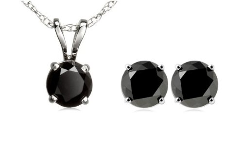 6 carat ct tw Round Black Diamond Solitaire Pendant and Stud Earrings Post Back / Friction Back Set in 14K White Gold (16 in or 18 in inches length, 2.00 carat each stone)