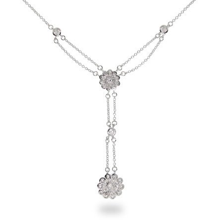 Eve's Addiction Sterling Silver Double Drop CZ Rose Necklace