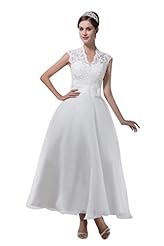 V-neck Tea Length Lace Pleated Applique Organza Wedding Dress  With a Ribbon 