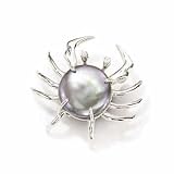 14k White Gold Black Coin Pearl Crab Shaped Pin With Diamond Eyes