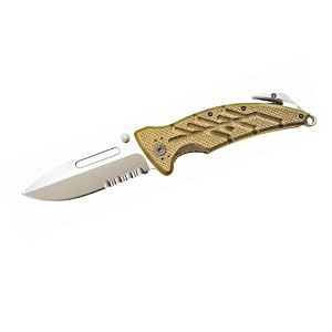 Ontario Knife Company Ontario Knife Xr 1, Folding Knife With 3.375" Chrome 1/2 Serrated Stainless Steel Blade, & Tan Akulon 6g6 Handle, Overall Length 8.0"