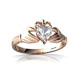 14k Rose Gold Heart Genuine White Topaz Celtic Claddagh Ring