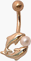 14G SOLID 14K Yellow GOLD dolphin charm with Natural South Sea PEARL belly button navel ring