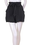 Mustard Seed Lace Appliqué Hem Fabric Wrap Tie Side Pockets Ruffled Waist Shorts Black