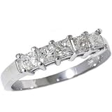 14K Geniune Diamond Ladies Ring 1 ct 5 Stone Princess Cut Band 14K White Gold