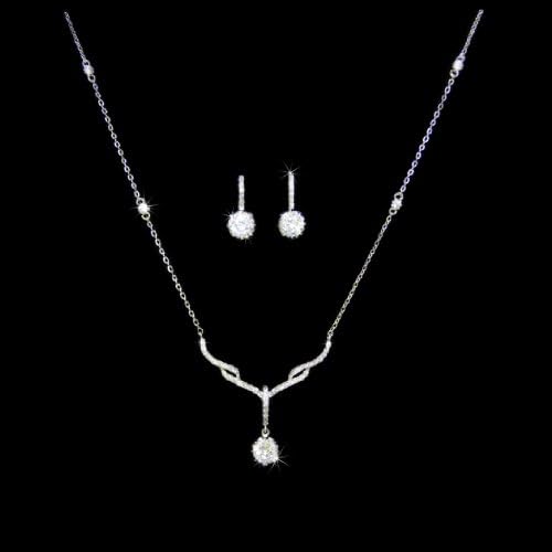 18k White Gold White Cubic Tear Drop Earrings &amp; Cz Chain Pendant Necklace