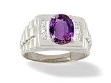 14K White Gold Genuine Oval Amethyst and Diamond Men's Ring