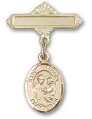 14kt Gold Baby Badge with St. Anthony of Padua Charm and Polished Badge Pin