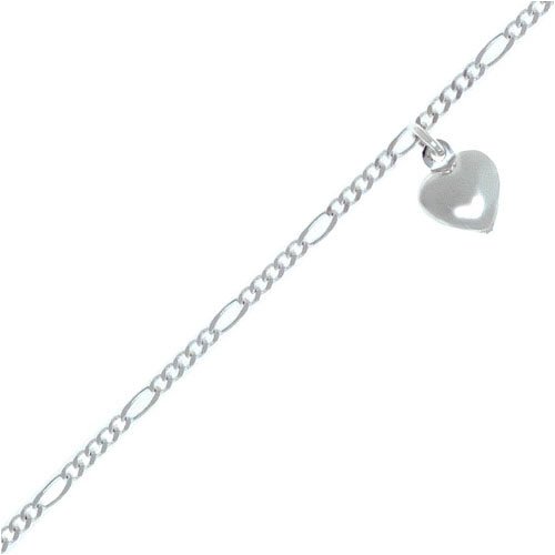 Sterling Silver Figaro Anklet with Puffed Heart 9 inch