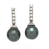 14k White Gold, Diamond & Tahitian Black Pearl Dangle Post Earrings (0.25ctw)