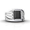 14K White Gold Genuine Emerald-cut Black Onyx and Diamond Men's Men's Ring