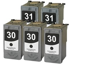 Remanufactured Canon PG-30 & CL-31 Ink Cartridges: 5-Pack (3Bk + 2C) for use with Canon PIXMA iP1800 iP2600 MP140 MP190 MP210 MP220 MP470 MX300 MX310