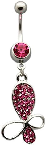 Pink Bow Dangle Charm Navel Ring with Rhinestones (1.6 mm, 14 Gauge)