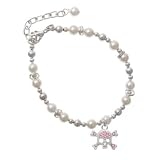 Silver Skull and Crossbones with Pink Swarovski Crystals Czech Pearl Beaded C...