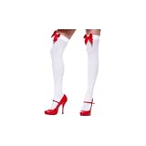 Opaque Thigh High Stockings With Satin Bow 6255 (WHITE/RED,One Size)