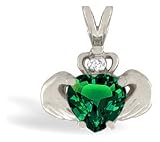 14K White Gold Heart Created Emerald and Diamond Celtic Claddagh Pendant