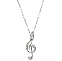 Silver Treble G Clef Music Note Necklace with Crystal accents