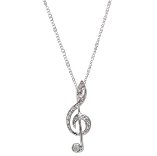 Silver Treble G Clef Music Note Necklace with Crystal accents