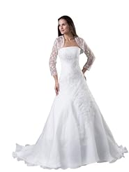 Strapless Organza/Satin Beaded Lace-Up Pleated Applique Spring Fall Wedding Dress  with a Chapel Train 