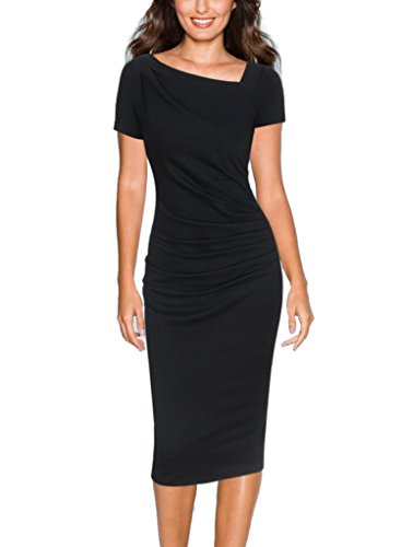 Vfemage Women Asymmetric Neckline Ruched Draped Wear To Work Casual Dress