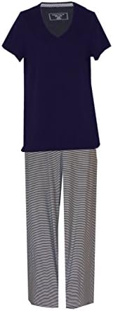 Nautica Maritime Anchors Nautical Theme Plus Size Pajamas Set (Plus Size 2X, Solid Navy Top Navy White Striped Bottoms)