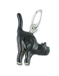 3-D Black Halloween Kitty Cat 925 Sterling Silver and Enamel Traditional Charm or Pendant