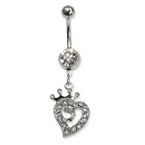 Stainless Steel Belly Ring with Clear Australian Crystals - Dangling heart with crown 14g/5mm ball