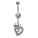 Stainless Steel Belly Ring with Clear Australian Crystals - Dangling heart with crown 14g/5mm ball