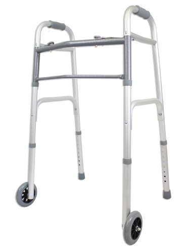 Ez2care Deluxe Two Botton Folding Walker with 5 Inch Wheels, Anodized Silver