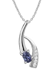 Genuine Silver Elegance (TM) Tarnish Resistant Rhodium Plated .925 Sterling Silver Blue CZ Curve Pendant (24 x 9 mm) on an 18 inch Cable Chain Necklace. 100% Satisfaction Guaranteed.