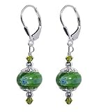 SCER055 Made with Swarovski Elements® Green 10mm Donut Shape Millefiori Glass Bead Crystal Sterling Silver Leverback Drop Earrings