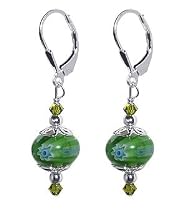 Green Milifalio Glass Bead Swarovski Crystal Sterling Silver Leverback Drop Earrings