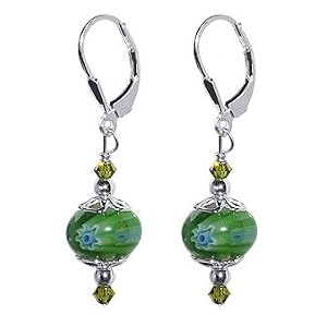SCER055 Green Millefiori Glass Bead Swarovski Crystal Sterling Silver Leverback Drop Earrings