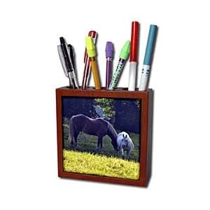 WhiteOak Photography Horses - Brown Horse and White Horse - Tile Pen Holders-5 inch tile pen holder