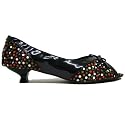 Womens Black 50's Dotty Kitten Heel Peep-Toe Ruched Ladies Shoes