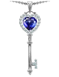 Candygem 925 Sterling Silver 1.5inch Key to my Heart Love Key Pendant with Created Sapphire by Venezia Designs, Free 18 Inch Silver Chain, Free Gift Box.