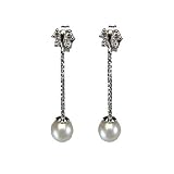 Dainty Sweet Butterfly Dangling Pearl Platinum Overlay CAREFREE Sterling Silver Earrings, White