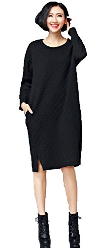 (ドチィン)DaoCheng レディース 秋 無地 長袖 丸ネック ワンピース ゆったり 体型カバー チュニックプルオーバー チェック柄 ロング丈 シャツ シンプル カジュアル ワンピース フェミニン エレガント 通勤 プルオーバー フリーサイズ ワインレッド ブラック