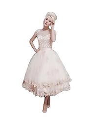 Tea Length Sheer Applique Lace Satin/Tulle  Dress